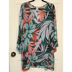 ANNE COLE Women's Zesty Tropical V Neck Flounce‎ Tunic Swimsuit Cover Up XL/XXL